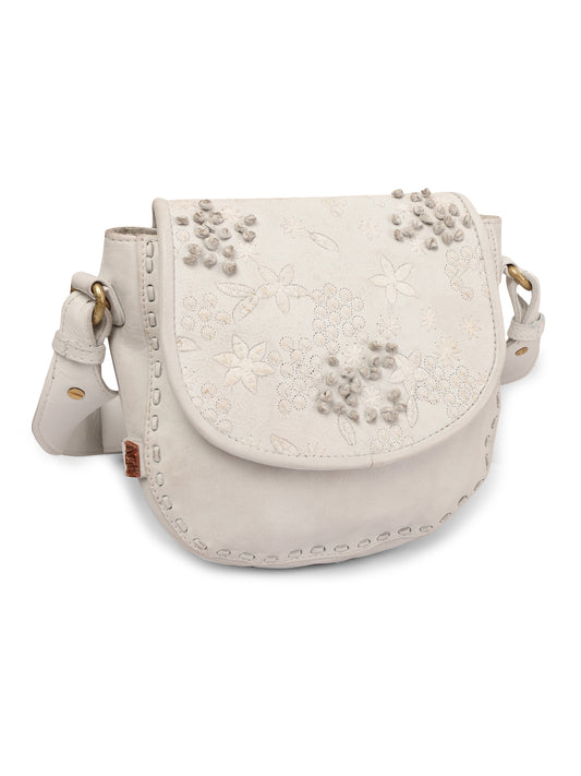 Floral Bliss: White Leather Crossbody bag with Flower Embroidery