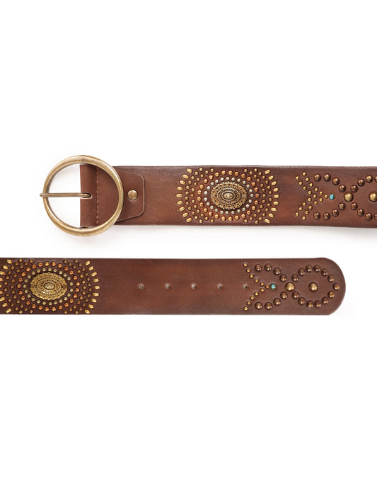 Brown Jewelled Wide Hip Belt in Leather by Art N Vintage