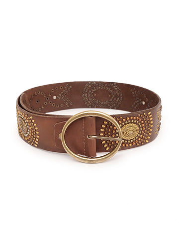 Brown Jewelled Wide Hip Belt in Leather by Art N Vintage