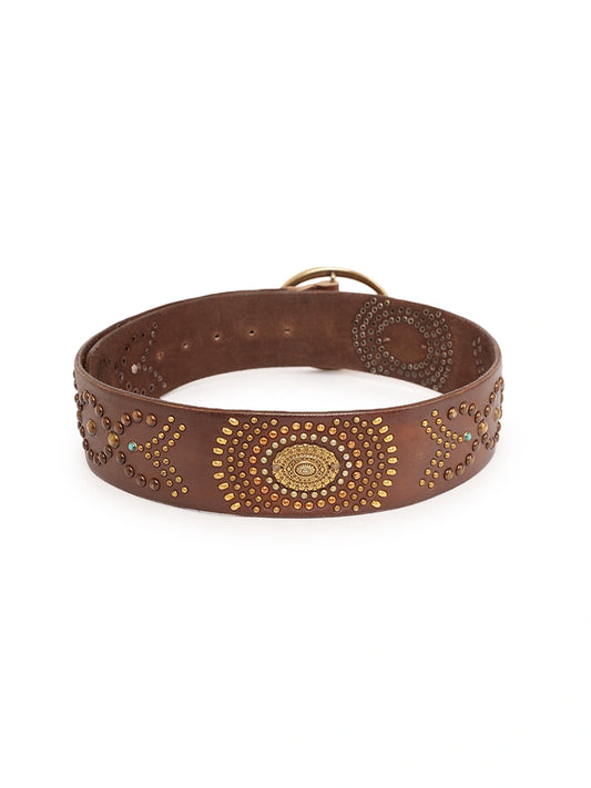 Brown Jewelled Wide Hip Belt in Leather by Art N Vintage