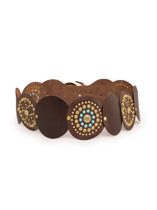 Brown Boho Embelished Corcet Belt with Spiral Buckle by Art N Vintage