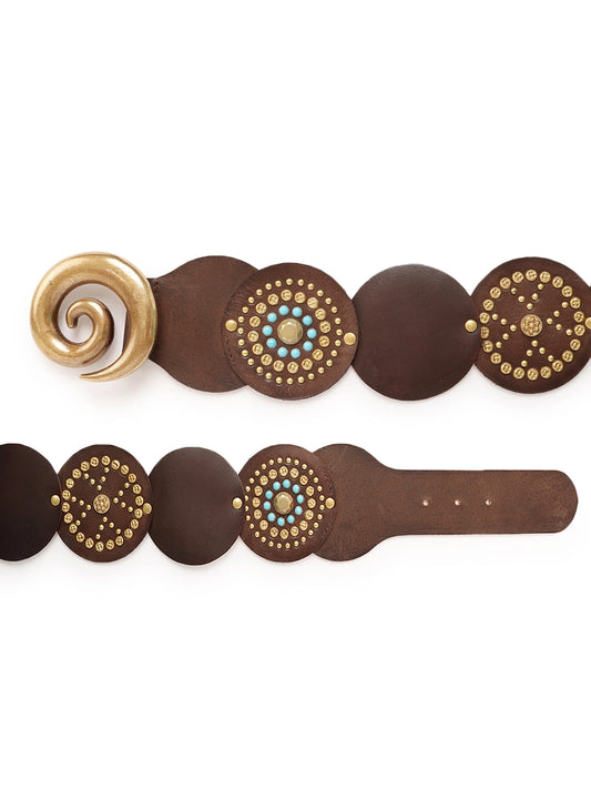 Brown Boho Embelished Corcet Belt with Spiral Buckle by Art N Vintage