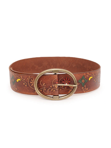 Handpainted  Tan Embossed Leather Wide Hip Belt by Art N Vintage