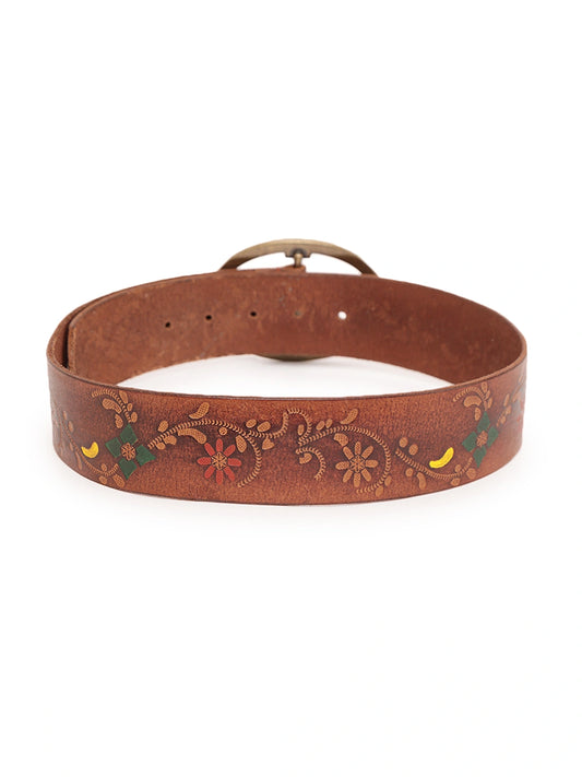 Handpainted  Tan Embossed Leather Wide Hip Belt by Art N Vintage