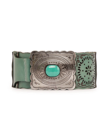 Medium width Leather Hip Belt with Cutwork in Teal by Art N Vintage