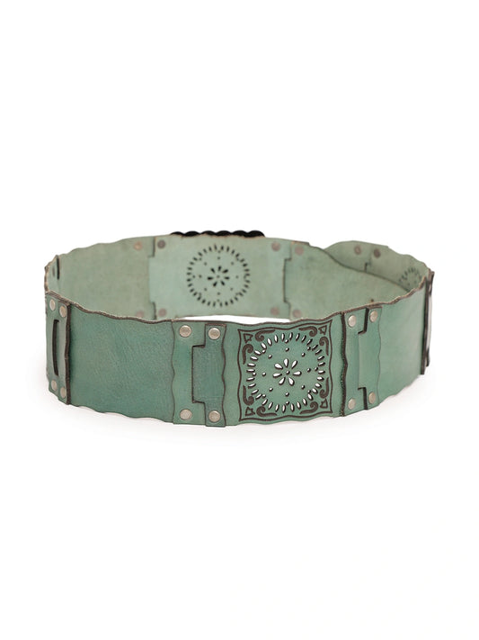 Medium width Leather Hip Belt with Cutwork in Teal by Art N Vintage