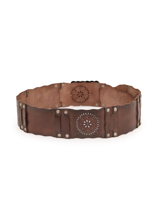 Medium width Leather Hip Belt with Cutwork in Brown by Art N Vintage
