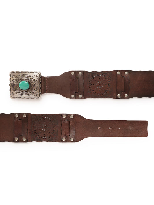 Medium width Leather Hip Belt with Cutwork in Brown by Art N Vintage