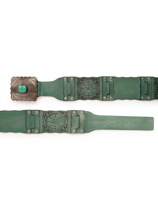Medium width Leather Hip Belt with Cutwork in Teal by Art N Vintage