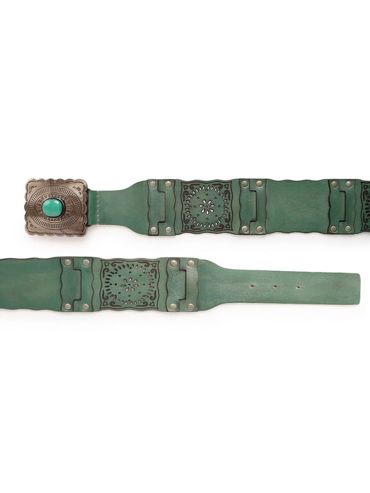 Medium width Leather Hip Belt with Cutwork in Teal by Art N Vintage
