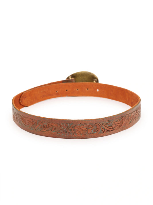 Patina Bloom Leather Waist Belt in Tan by Art N Vintage