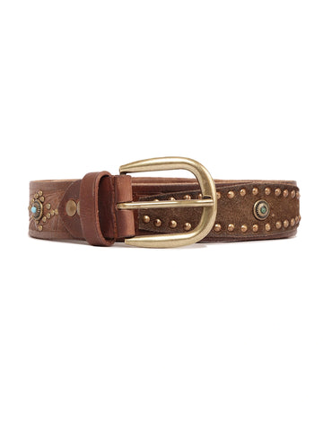 Hand-Tooled Leather Studded Western Belt with Brass Buckle