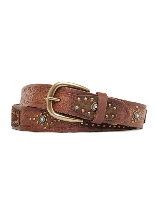 Hand-Tooled Leather Studded Western Belt with Brass Buckle