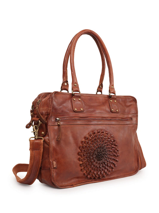 Artisan Floral Embossed Genuine Leather Women’s Laptop Bag
