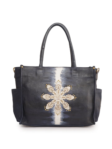 Vintage Indigo Floral Embossed Genuine Leather Tote Bag