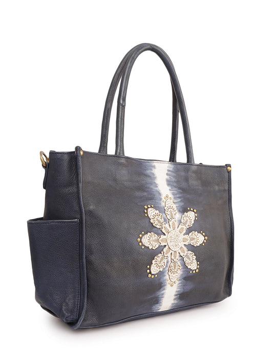 Vintage Indigo Floral Embossed Genuine Leather Tote Bag