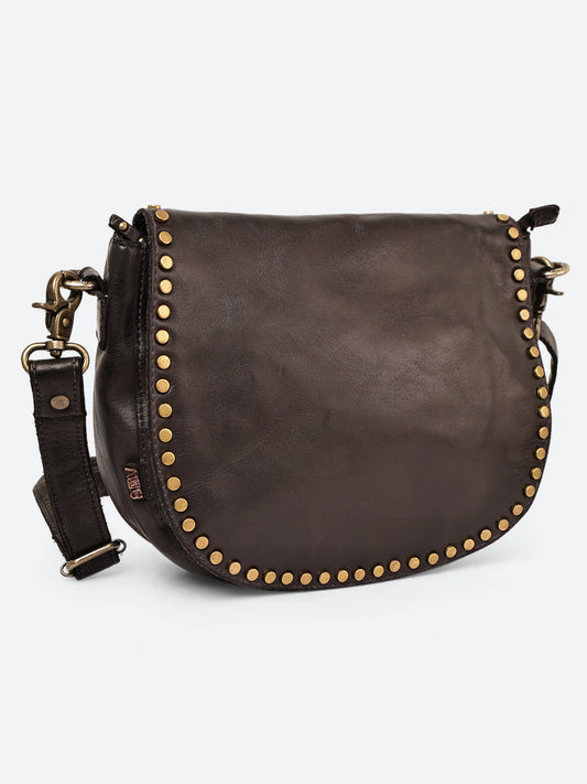 Vintage Black Studded Flap Genuine Leather Sling Bag