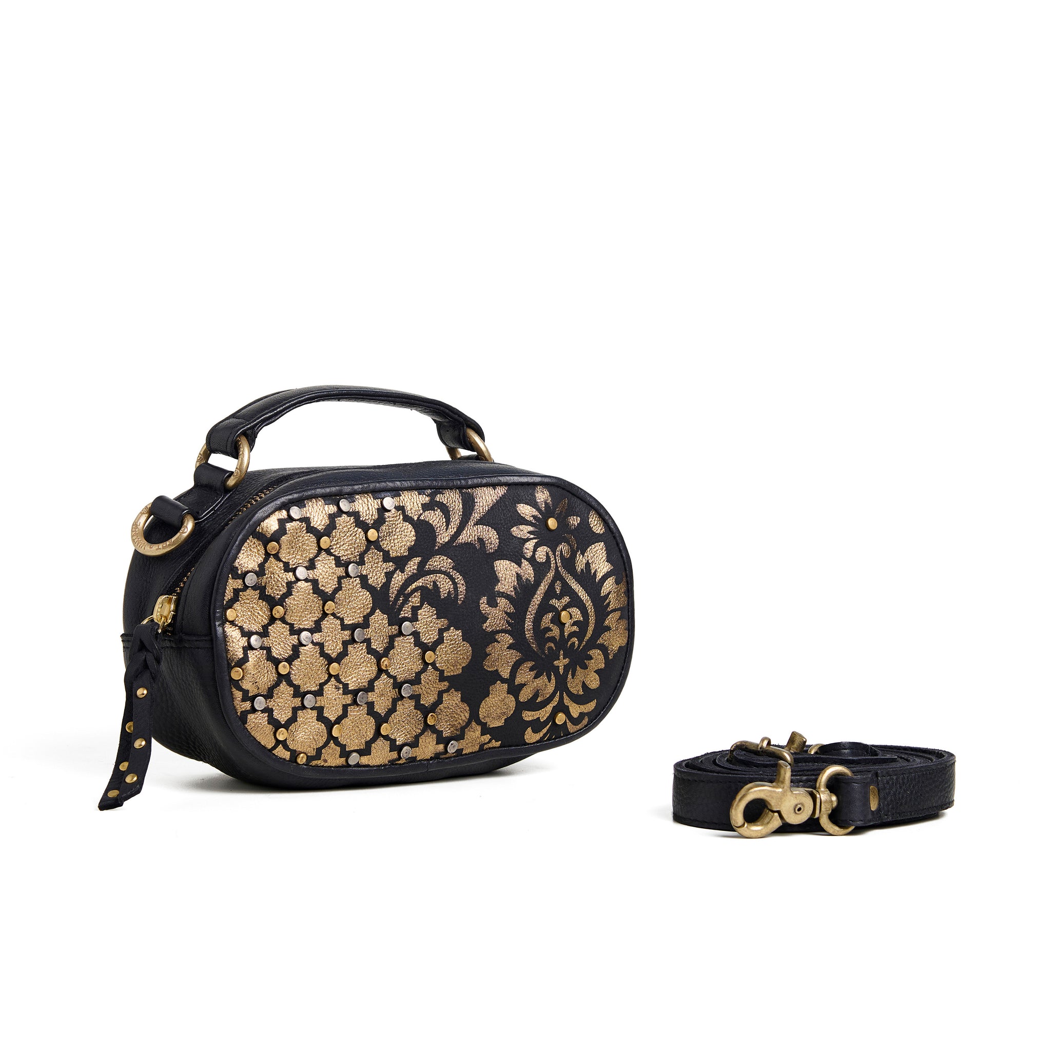 Art N Vintage Womens Real Leather Sling Bag with Gold Intricate Design- Black