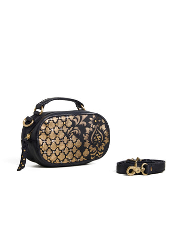 Art N Vintage Womens Real Leather Sling Bag with Gold Intricate Design- Black