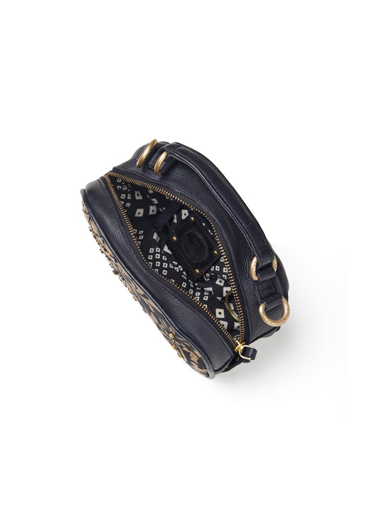 Art N Vintage Womens Real Leather Sling Bag with Gold Intricate Design- Black