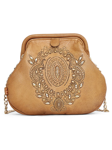 Zareen Camel Embroidered Handcrafted Leather Crossbody Bag