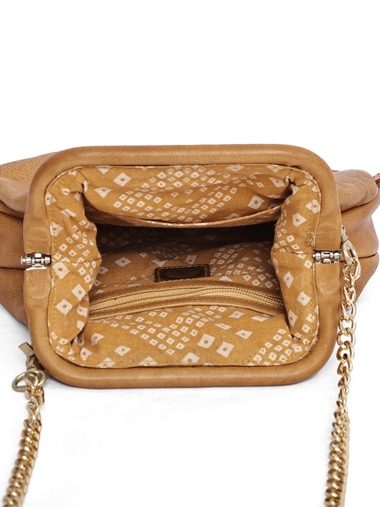 Zareen Camel Embroidered Handcrafted Leather Crossbody Bag