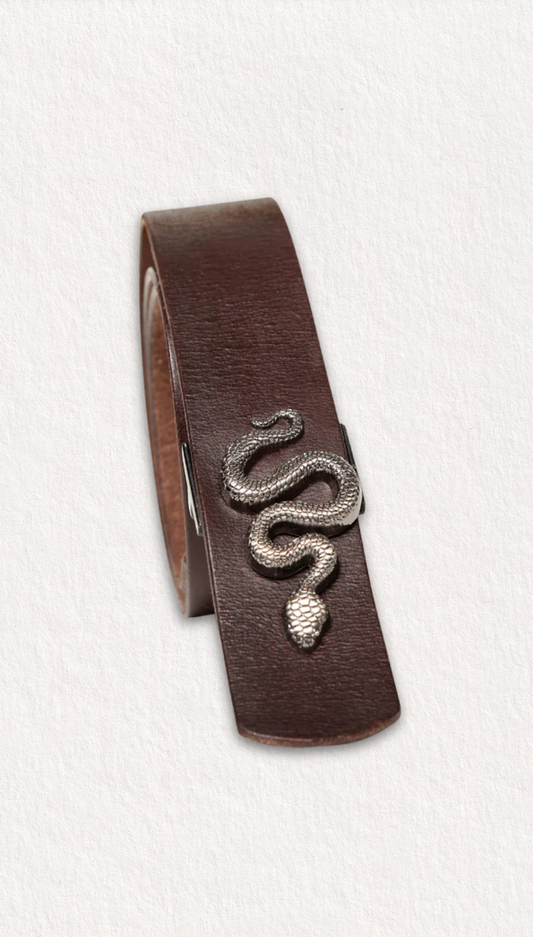 Brown Plain Belt With Snake-shaped Metal Buckle: Mr. Ajay Kumar X Art N Vintage