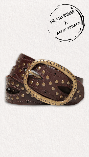 Brown Laser With Studded Leather Belt: Mr. Ajay Kumar X Art N Vintage