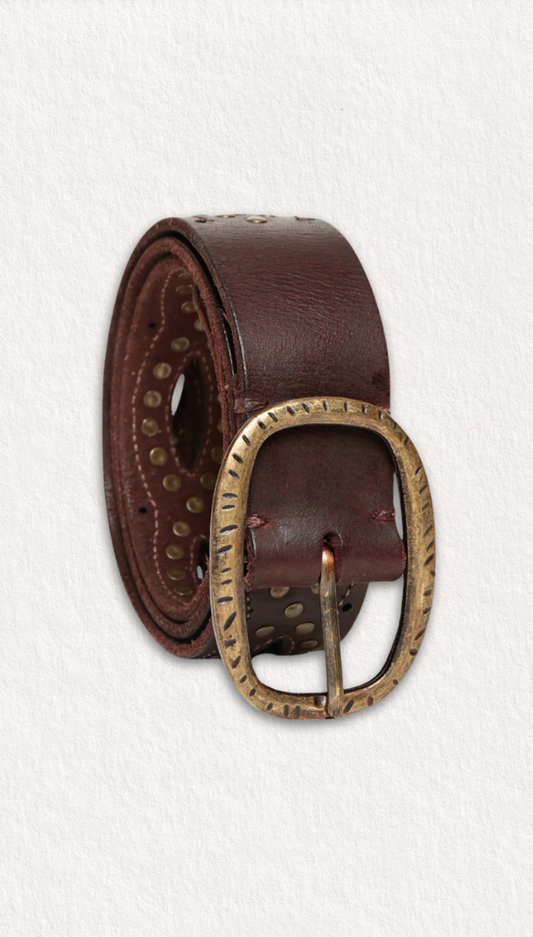 Brown Laser With Studded Leather Belt: Mr. Ajay Kumar X Art N Vintage
