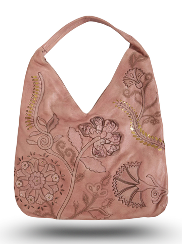 Blush Genuine Leather Boho Bag With Flower Patchwork