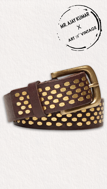 Brown Genuine Leather Belt With Golden Catcher Rivet Design: Mr. Ajay Kumar X Art N Vintage