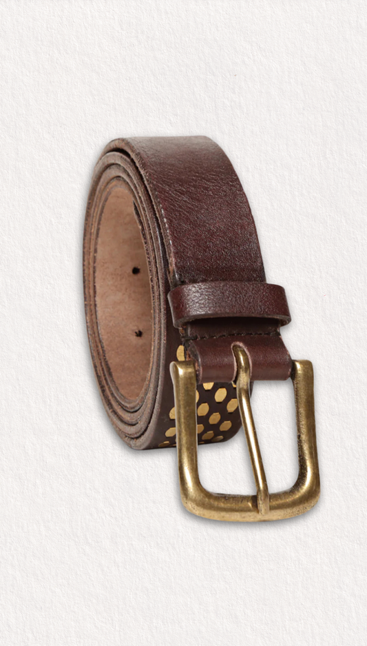 Brown Genuine Leather Belt With Golden Catcher Rivet Design: Mr. Ajay Kumar X Art N Vintage