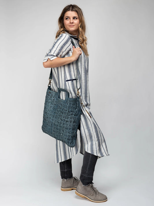 Textured Leather Cut-Out Handle Tote Bag