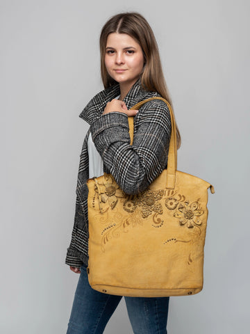 Floral Applique and Laser-Cut Leather Tote Bag