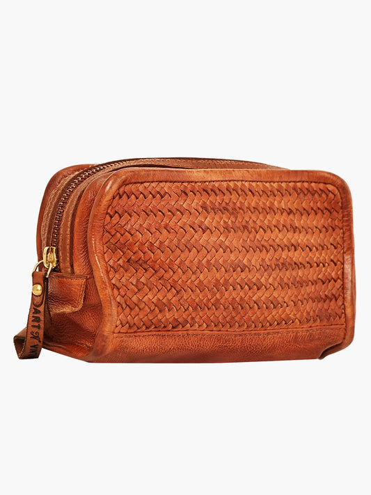 Vintage Woven Leather Travel Toiletry Pouch