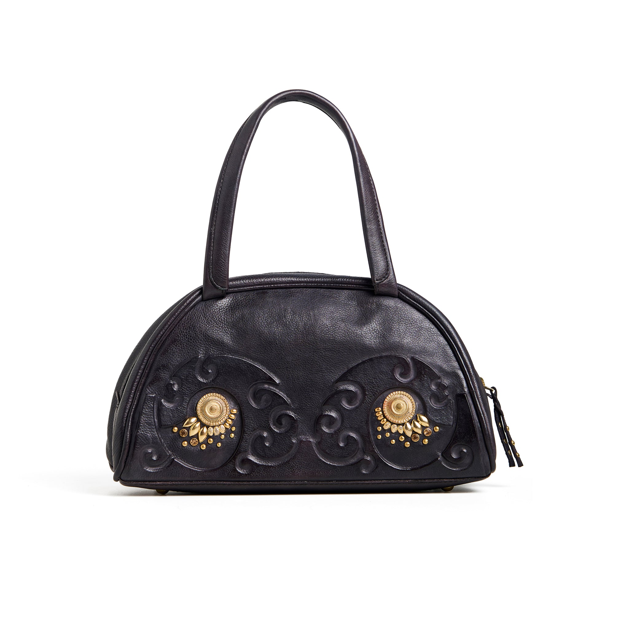 Art N Vintage Artisan-Crafted Leather Bag with Swirl Embossing and Brass Accents