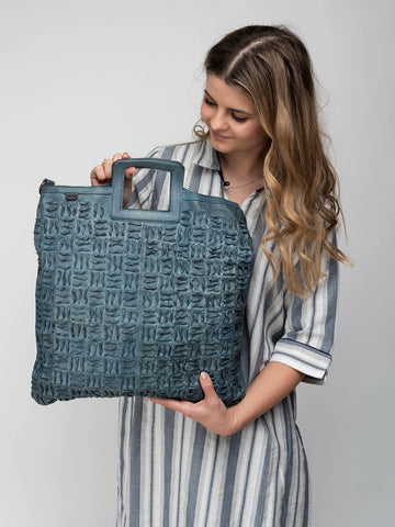 Textured Leather Cut-Out Handle Tote Bag