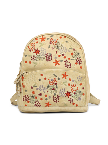 Floral Bliss: L. Green Leather Backpack bag with Colorful Flower Embroidery