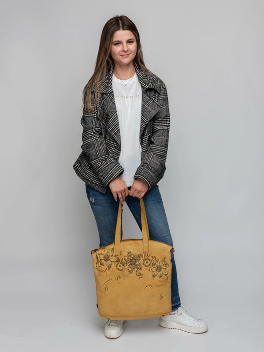 Floral Applique and Laser-Cut Leather Tote Bag