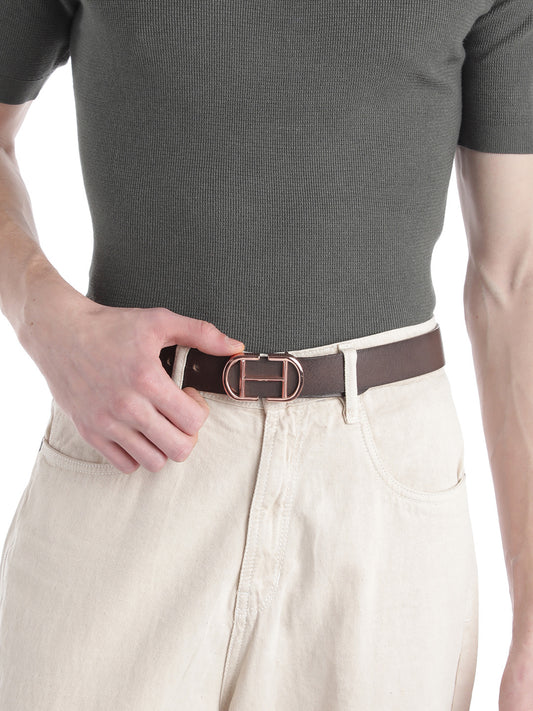 Art N Vintage Mens Sleek Brown Leather Belt with Rose Gold Buckle