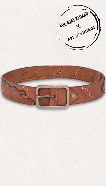 Cognac Studded Leather Belt: Mr. Ajay Kumar X Art N Vintage