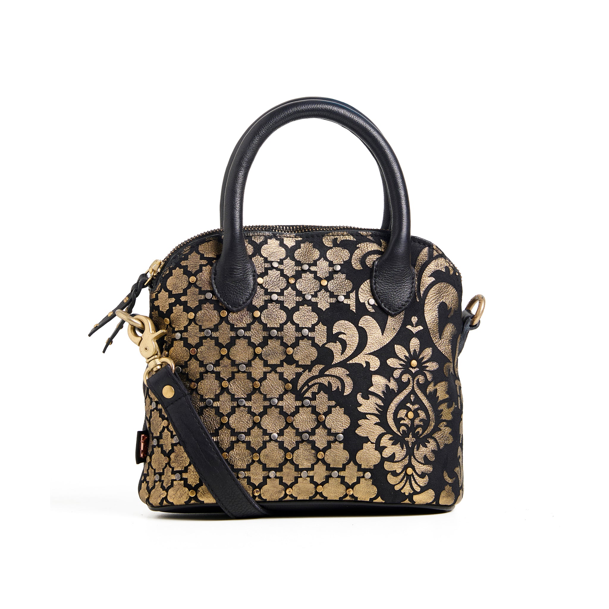 Art N Vintage Real Leather Vintage Handbag with Gold Intricate Pattern- Black