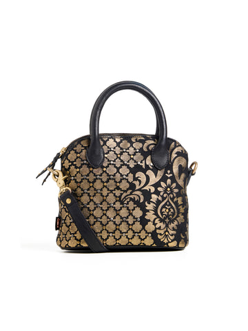 Art N Vintage Real Leather Vintage Handbag with Gold Intricate Pattern- Black