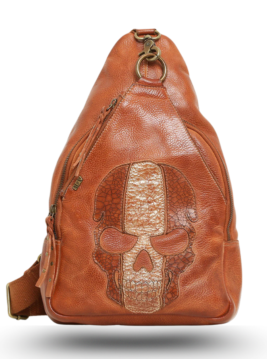 brown leather skull-backpack XYMZR Chief Skull Backpack Daypack Shoulder Bag Book Bag Lightweight Back Pack with Reflective Strip Travel Laptop Daypack 12 16.9 In Genuine cowhide leather brown motorcycle tool bag with embossed Skulls and wings design on the front flap Lightweight Backpack Skull School Bag