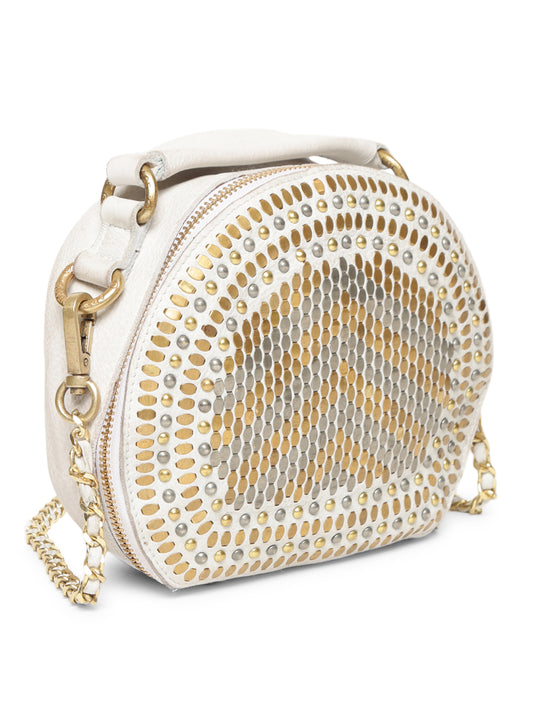 Chic Riveted Elegance: Opulent Lvory Leather Round Shape Crossbody with Chain Handle By Art N Vintage