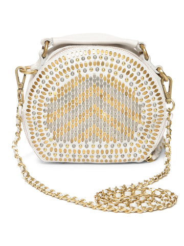 Chic Riveted Elegance: Opulent Lvory Leather Round Shape Crossbody with Chain Handle By Art N Vintage