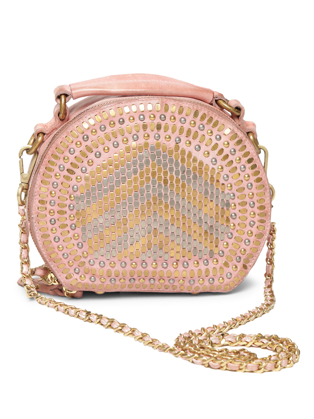 Chic Riveted Elegance: Blush Leather Round Shape Crossbody with Chain Handle By Art N Vintage