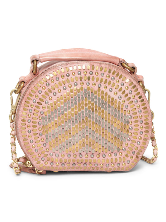 Chic Riveted Elegance: Blush Leather Round Shape Crossbody with Chain Handle By Art N Vintage