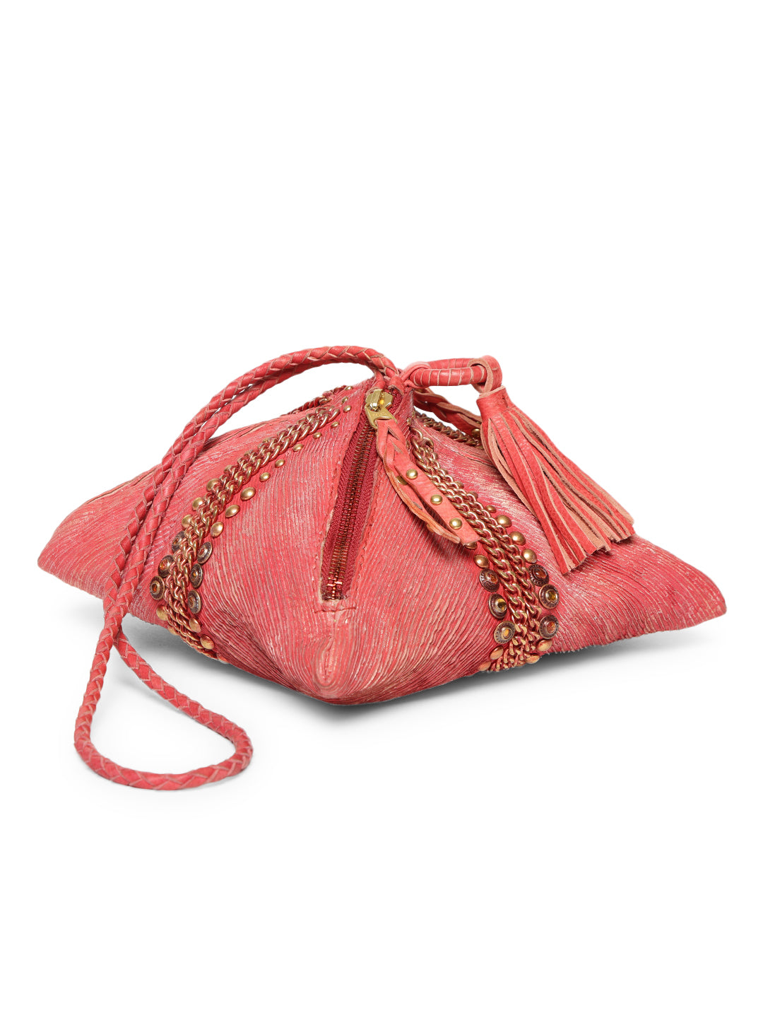 SILVIA: Red Sleek Leather Bag in Triangular Form By Art N Vintage