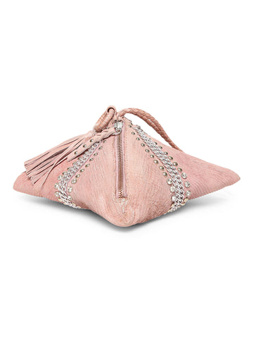 SILVIA: Blush Sleek Leather Bag in Triangular Form By Art N Vintage